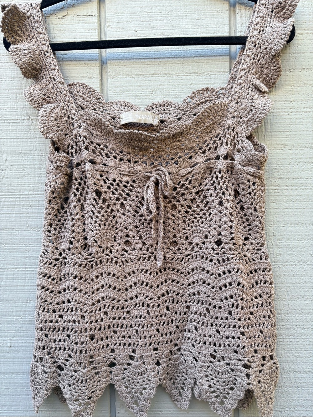 ZARA Gray Crochet Knit Ruffle Scallop Boho Top Size M